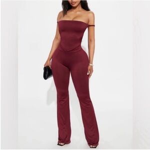 Fashion Nova Burgundy Off-Shoulder Jumpsuit